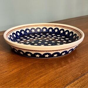 Boleslawiec Handmade Polish Stoneware Pie / Quiche Plate Cobalt Blue White Stars